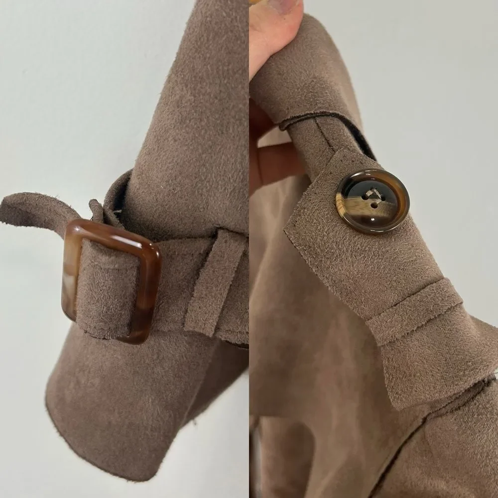 Faux Suede Elegant Belted Trench Coat - Picture 8 of 8